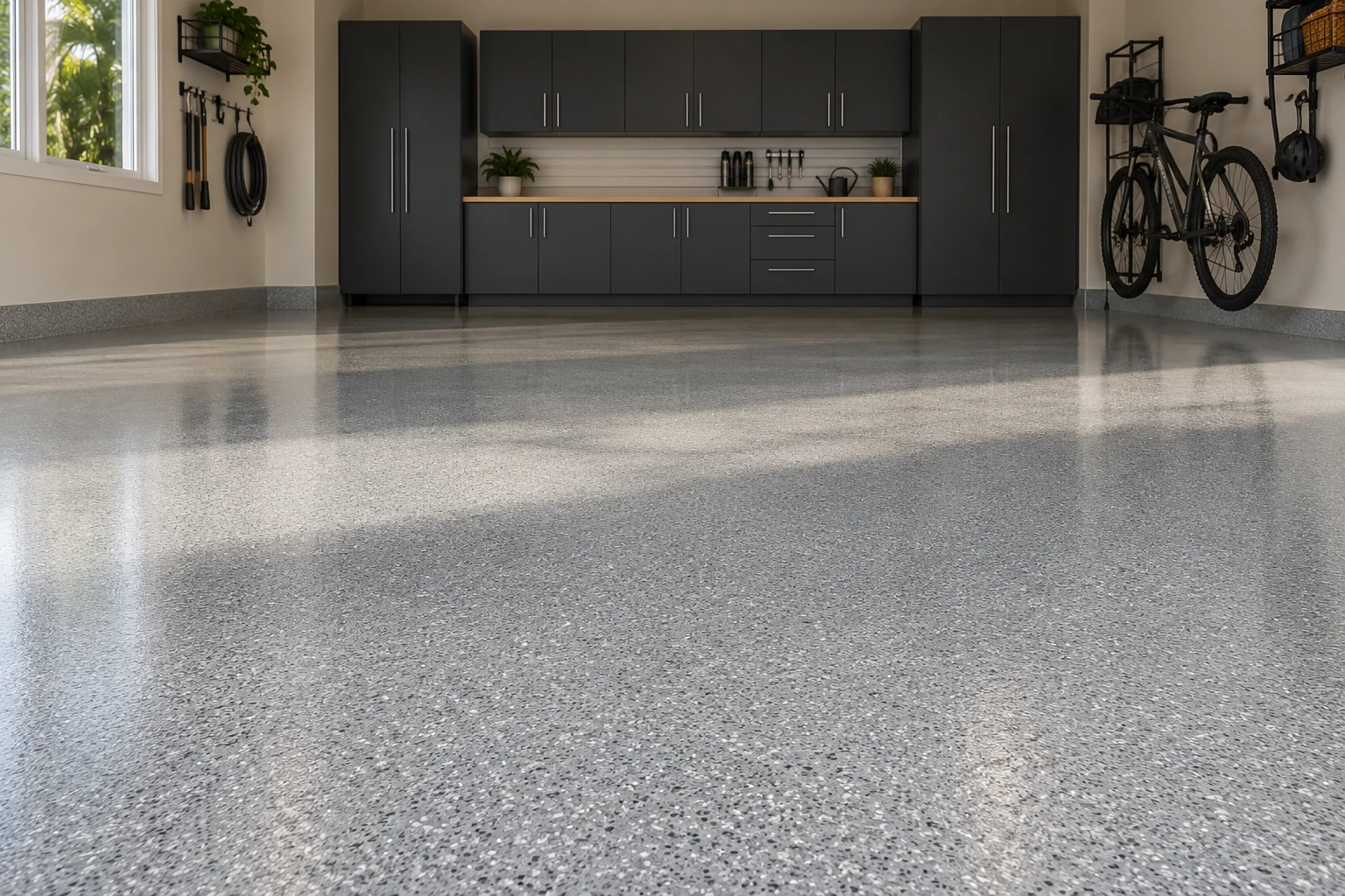 Fine gray flake flooring in a garage with dark cabinets and a stored bicycle.