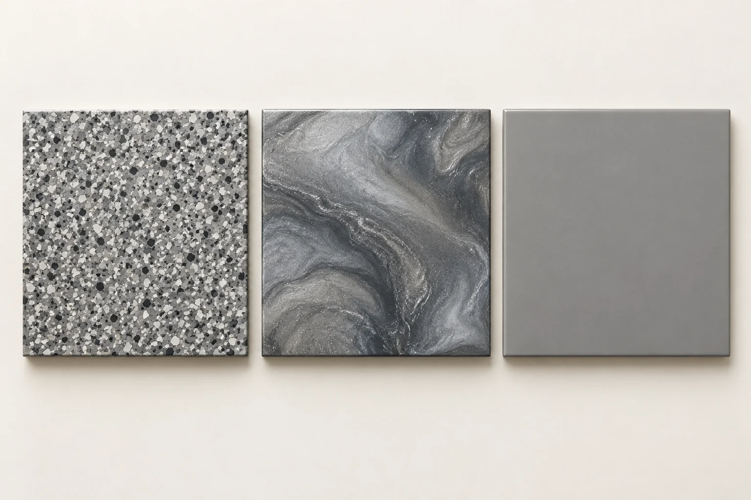 Three finish boards: gray flake, silver metallic and solid gray.